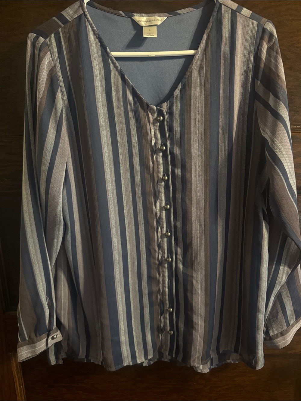 Cj Banks Women's Long-Sleeved Button-Down Blouse Size Large Striped V-Neck